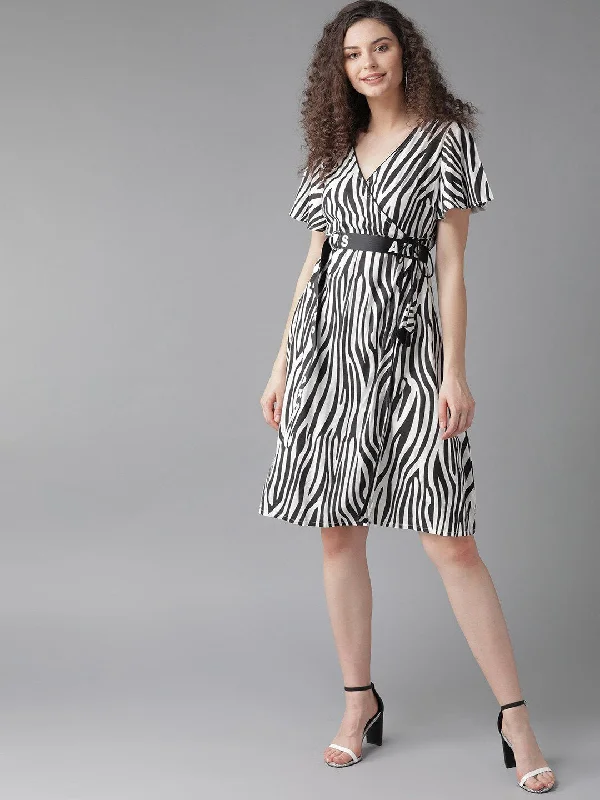 Women's  White & Black Animal Printed Wrap Dress - AKS