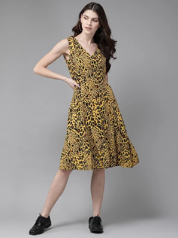 Women's  Yellow & Black Animal Printed Wrap Dress - AKS