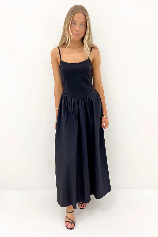 Barton Midi Dress Black Trendy Smocked Waist Midi Dress