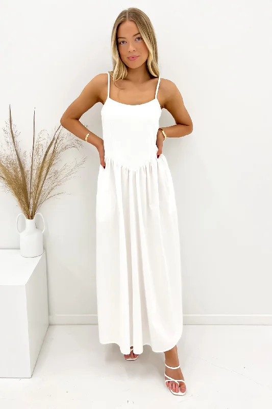 Barton Midi Dress White Trendy Off-Shoulder Ruffle Midi Dress