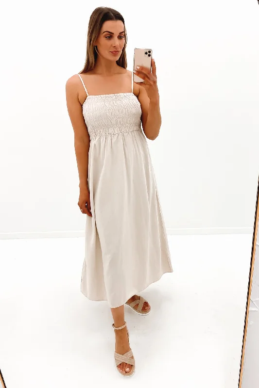 Classic Shirred Midi Dress Oat Elegant Maxi-Midi Hybrid Dress