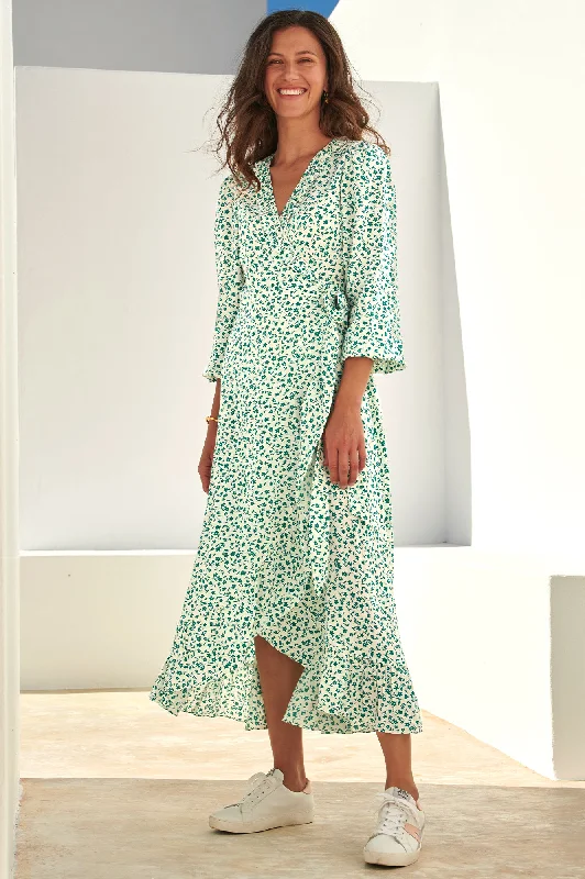 Demi Long Sleeve Wrap Dress | Daisy Flower Cream/Verdigris