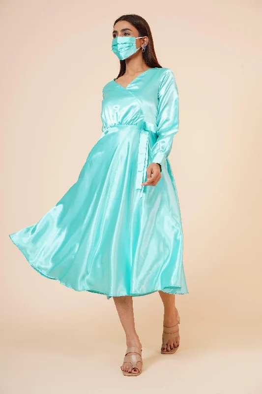 Women's Empire Line With Cuff Satin Wrap Dress Sky Blue - MIRACOLOS by Ruchi