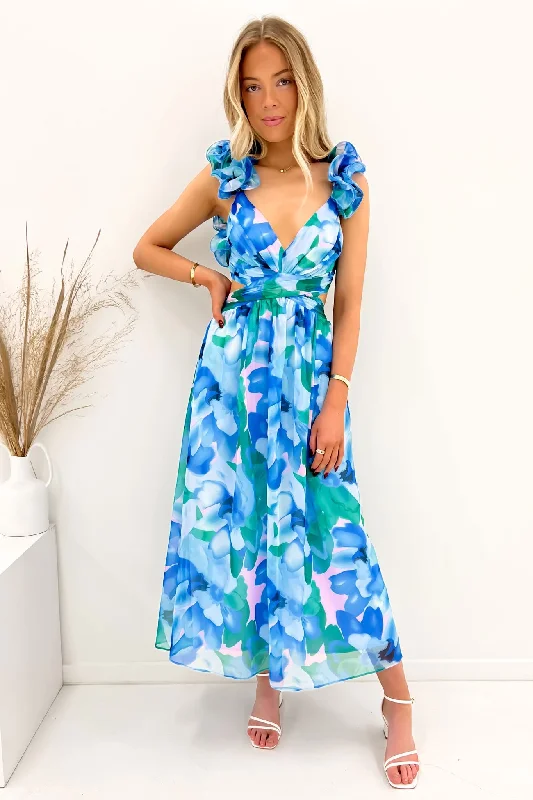 Faith Midi Dress Blue Watercolour Comfortable Casual Midi Dress
