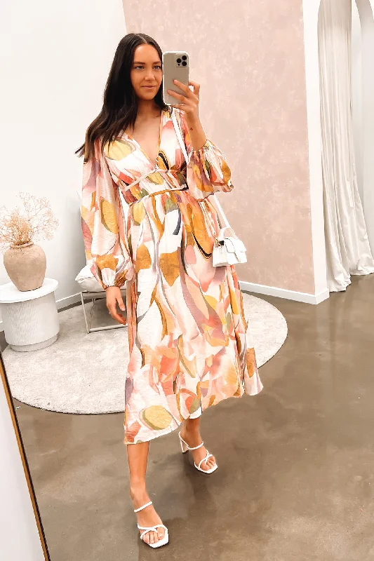 Finlee Midi Dress Pink Multi Elegant Pleated Sleeve Midi Dress