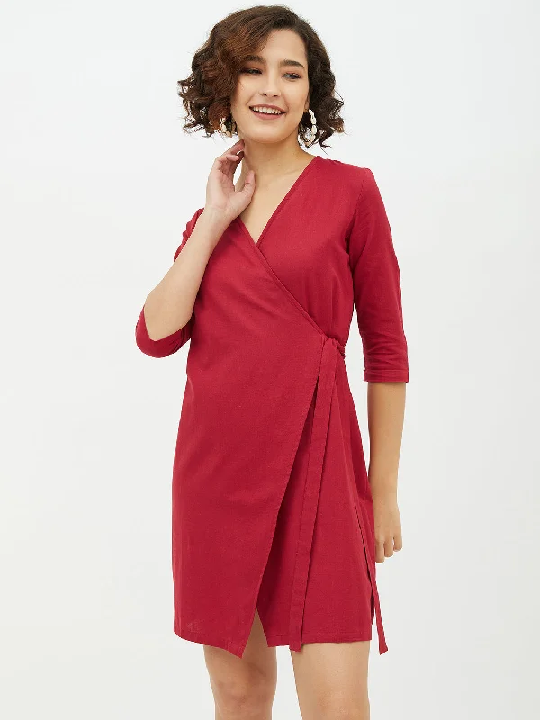 Women's Maroon Cotton Linen Wrap Dress - StyleStone