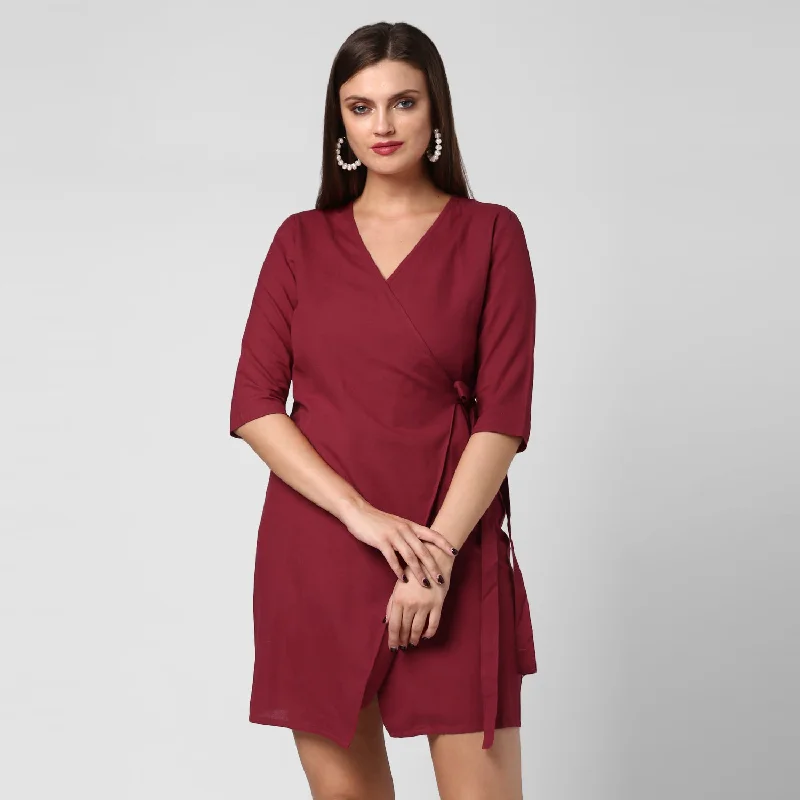 Women's Maroon Cotton Linen Wrap Dress - StyleStone