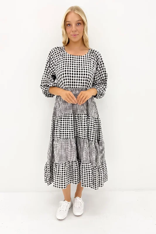 Jada Midi Dress Black Check Trendy Long Sleeve Midi Dress