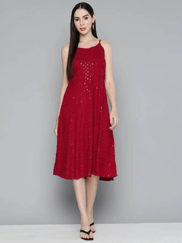 Jashvi Maroon Floral Sequin Embroidered A-Line Midi Dress Elegant Puff Sleeve Midi Dress Jashvi Maroon Floral Sequin Embroidered A-Line Midi Dress Elegant Puff Sleeve Midi Dress