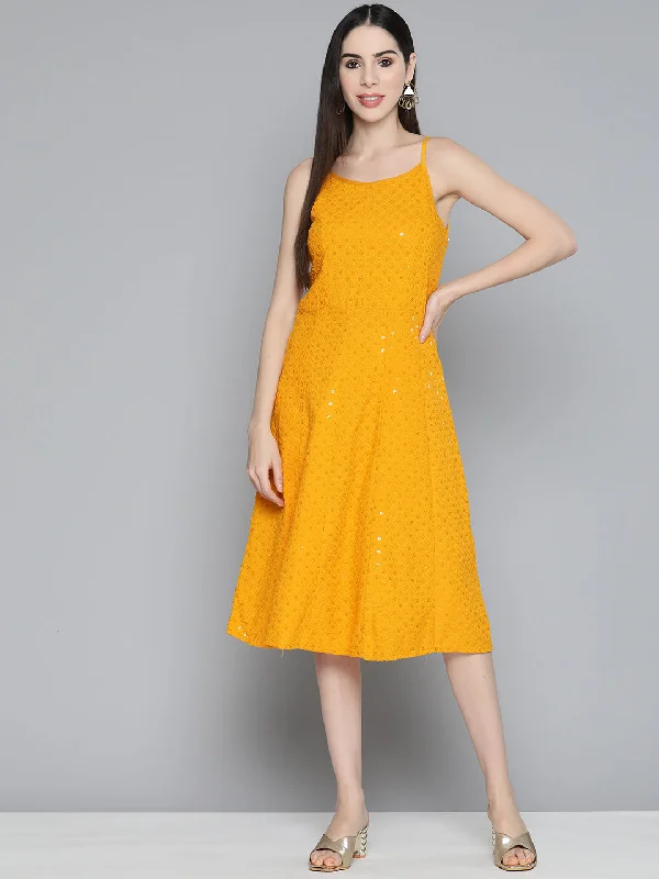 Jashvi Mustard Floral Sequin Embroidered A-Line Midi Dress Trendy Fit-and-Flare Midi Dress Jashvi Mustard Floral Sequin Embroidered A-Line Midi Dress Trendy Fit-and-Flare Midi Dress