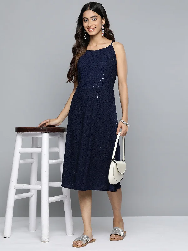 Jashvi Navy Floral Sequin Embroidered A-Line Midi Dress Stylish Midi Dress with Cuffs Jashvi Navy Floral Sequin Embroidered A-Line Midi Dress Stylish Midi Dress with Cuffs