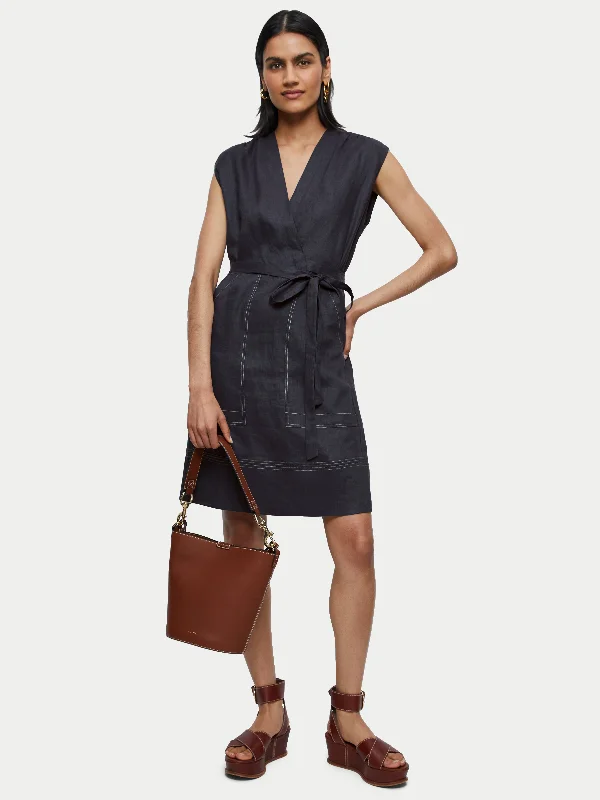 Linen Short Wrap Dress | Blue