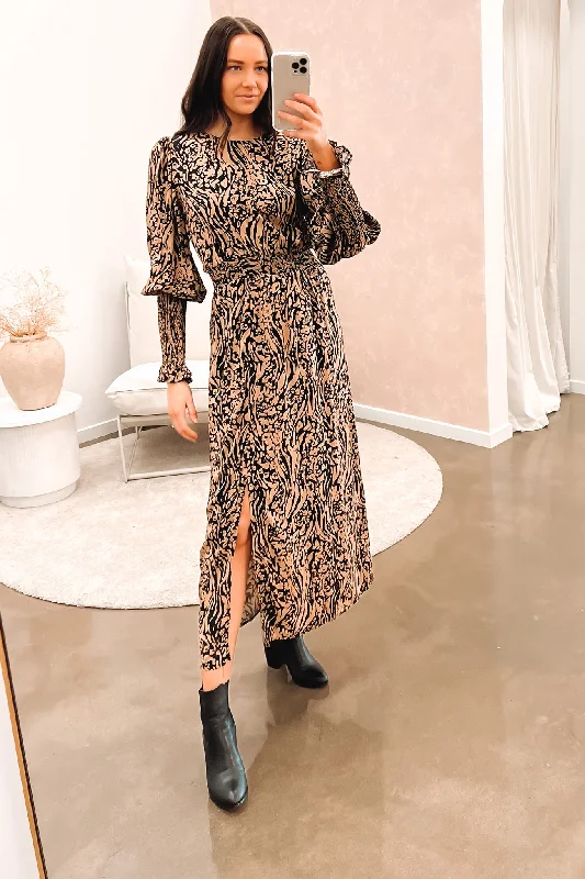 Luna Balloon Sleeve Midi Dress Tan Animal Fashionable Off-Shoulder Dress Midi