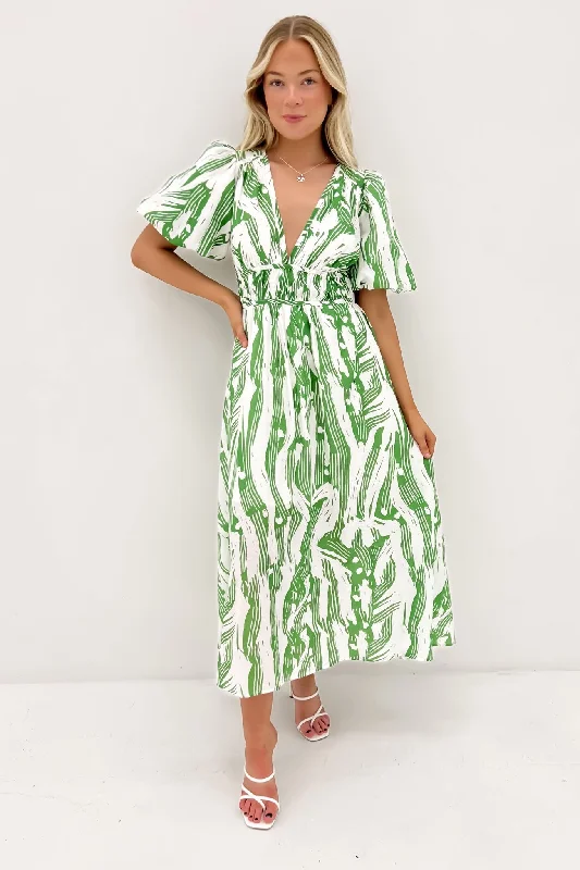 Marcus Midi Dress Green Jungle Trendy Flared Sleeve Midi Dress