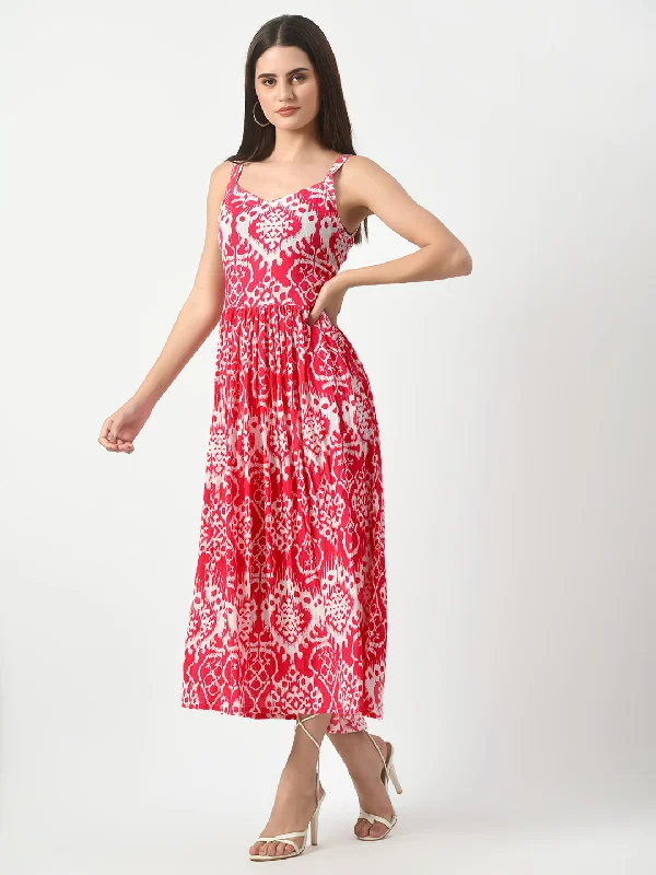 Women's Pink Printed Midi Dress - Taantav Stylish Silk Midi Dress