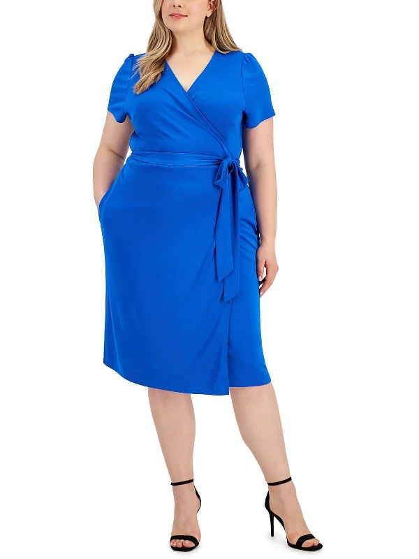 Plus Womens Solid Polyester Wrap Dress