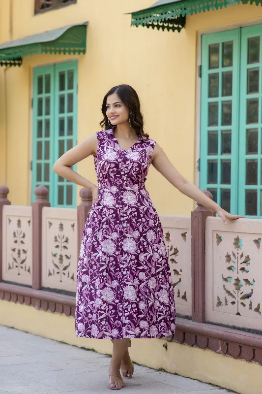 Women's Purple Abstract Printed Sleeveless Midi Dress - Taantav Comfortable Button Front Midi Dress Women's Purple Abstract Printed Sleeveless Midi Dress - Taantav Comfortable Button Front Midi Dress