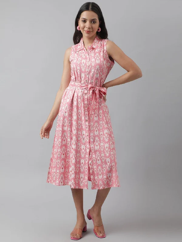 Women's Rayon Light Pink A-Line Floral Printed Midi Dress - Taantav Elegant Pleated Sleeve Midi Dress Women's Rayon Light Pink A-Line Floral Printed Midi Dress - Taantav Elegant Pleated Sleeve Midi Dress
