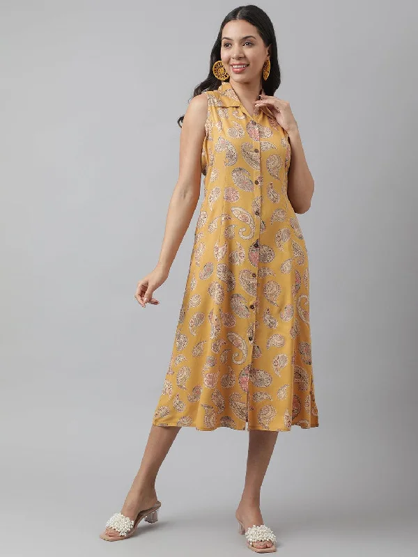Women's Rayon Mustard A-Line Floral Printed Midi Dress - Taantav Comfortable Geometric Print Midi Dress Women's Rayon Mustard A-Line Floral Printed Midi Dress - Taantav Comfortable Geometric Print Midi Dress