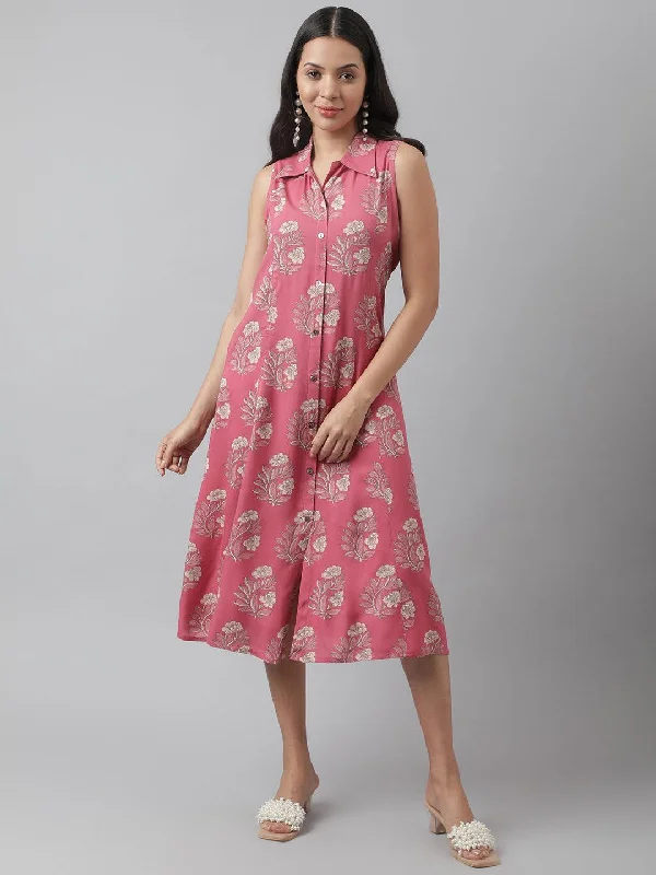 Women's Rayon Rose Pink A-Line Floral Printed Midi Dress - Taantav Stylish Color Block Midi Dress Women's Rayon Rose Pink A-Line Floral Printed Midi Dress - Taantav Stylish Color Block Midi Dress