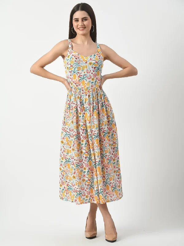 Women's White Printed Midi Dress - Taantav Trendy Square Neck Midi Dress
