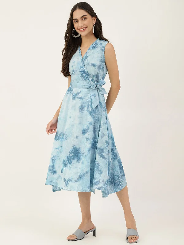 Women's Blue Cotton Shaded Tie-Dye Wrap Dress - Deckedup