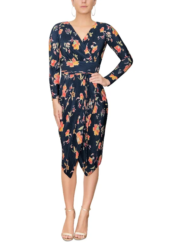 Womens Floral Print Mid Calf Wrap Dress