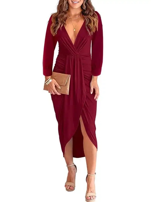 Women’s Solid Color Pleated Long Sleeve Faux Wrap Midi Dress Elegant Satin Button Midi Dress