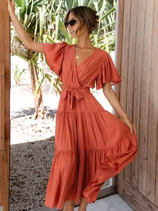 Women’sSolid v-neck short sleeve bohemian midi dress Cozy Midi Dress with Pockets