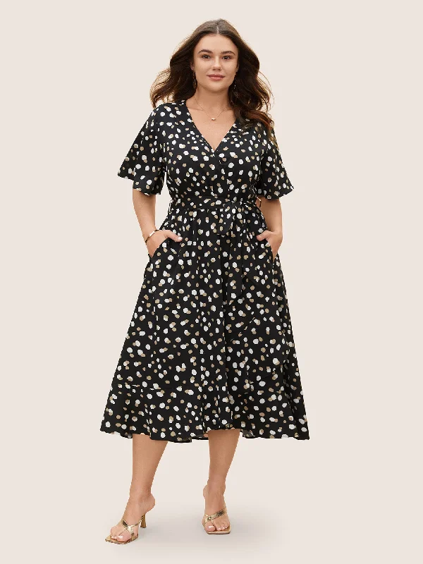 Allover Print Wrap Flutter Sleeve Midi Dress