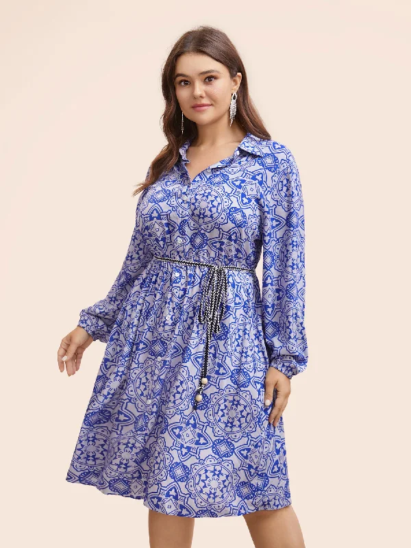 Bandana Print Shirt Collar Belted Midi Dress