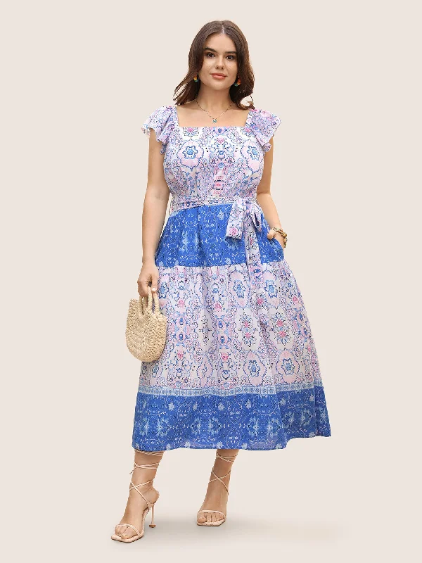 Boho Print Ruffle Sleeve Belted Midi Dress