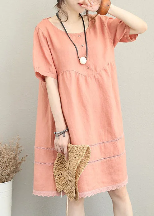 boutique light orange Midi linen dresses oversize linen clothing dress fine patchwork lace hollow out midi dress