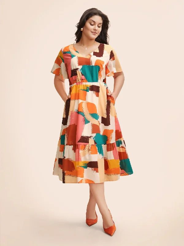 Brush Pattern Tiered Midi Dress