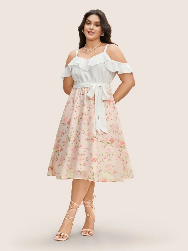 Chiffon Floral Patchwork Ruffle Trim Midi Dress