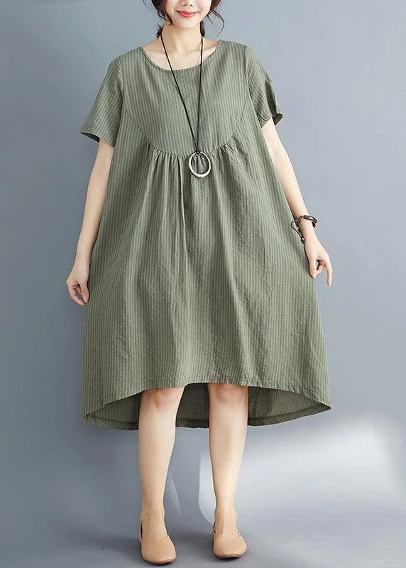 DIY o neck asymmetric Cotton clothes Women plus size Catwalk army green striped Midi Dress Summer