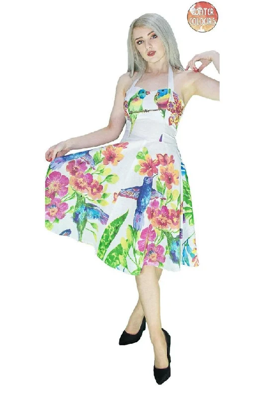 Exotic Birds and Flowers White Midi Dress - Ulani