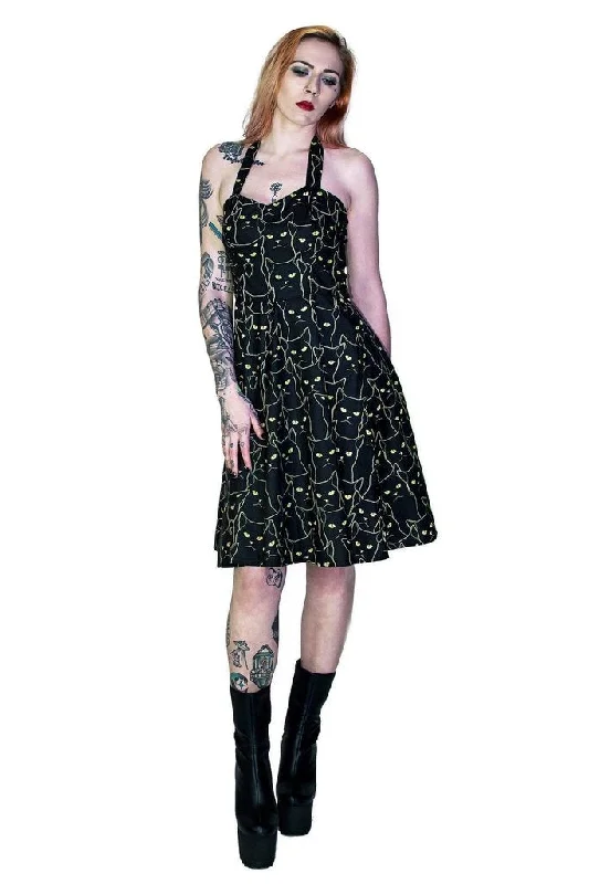 Yellow Evil Cats Black Midi Dress - Katz