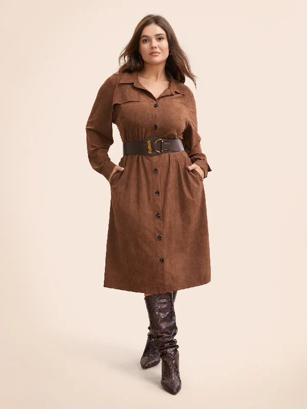 Faux Suede Shirt Collar Midi Dress