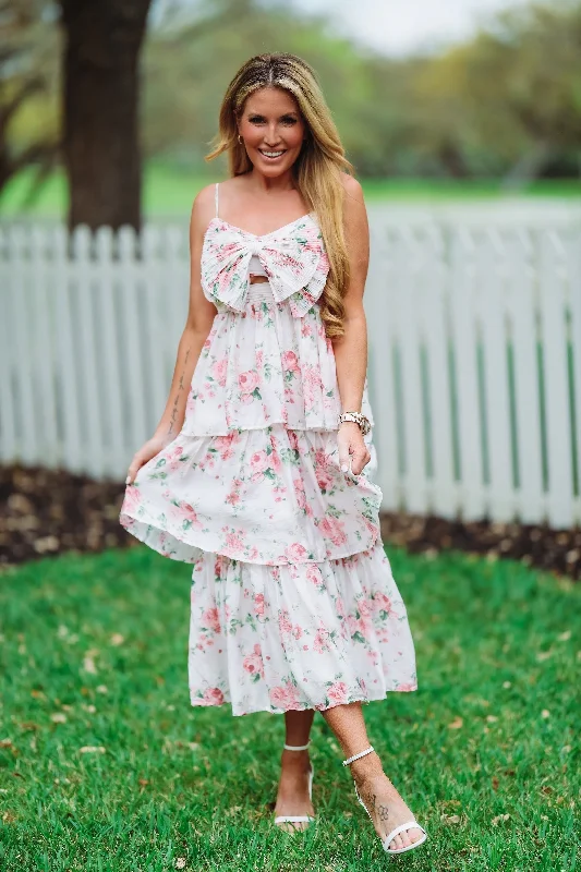 Feelings For You Midi Dress - Ivory and Pink