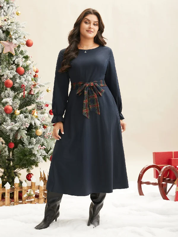 Festive Plaid Tie Knot Ruched Midi Dress