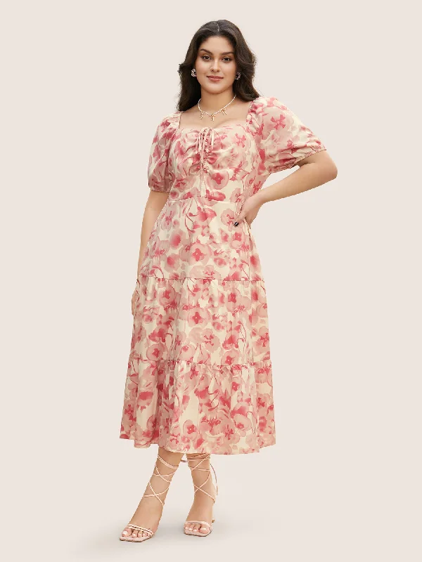 Floral Drawstring Tie Knot Puff Sleeve Midi Dress