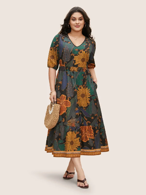 Floral Shirred Lantern Sleeve Midi Dress