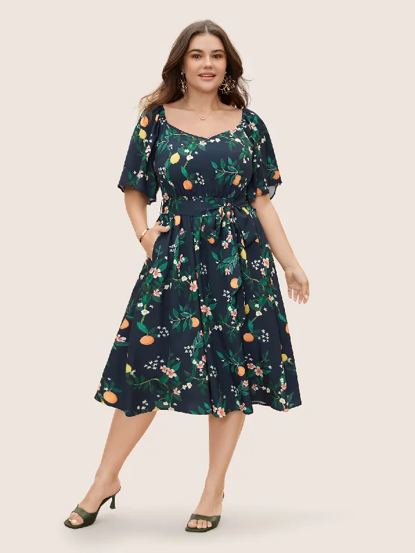 Fruit Print Flutter Sleeve Belted Midi Dress