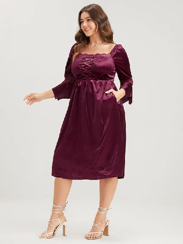 Halloween Solid Velvet Bell Sleeve Pocket Contrast Lace Ties Midi Dress