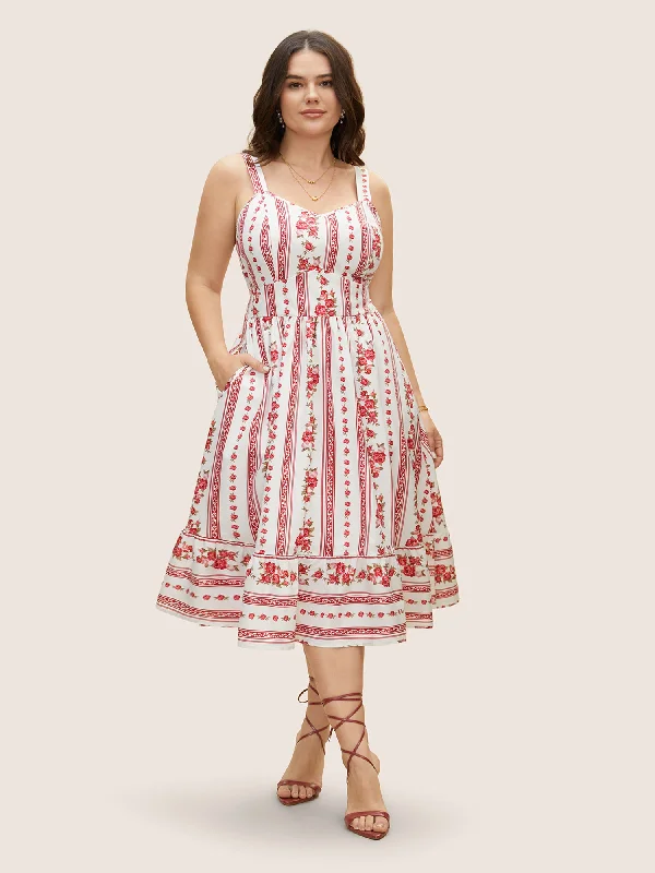 Heart Neckline Boho Print Shirred Cami Midi Dress