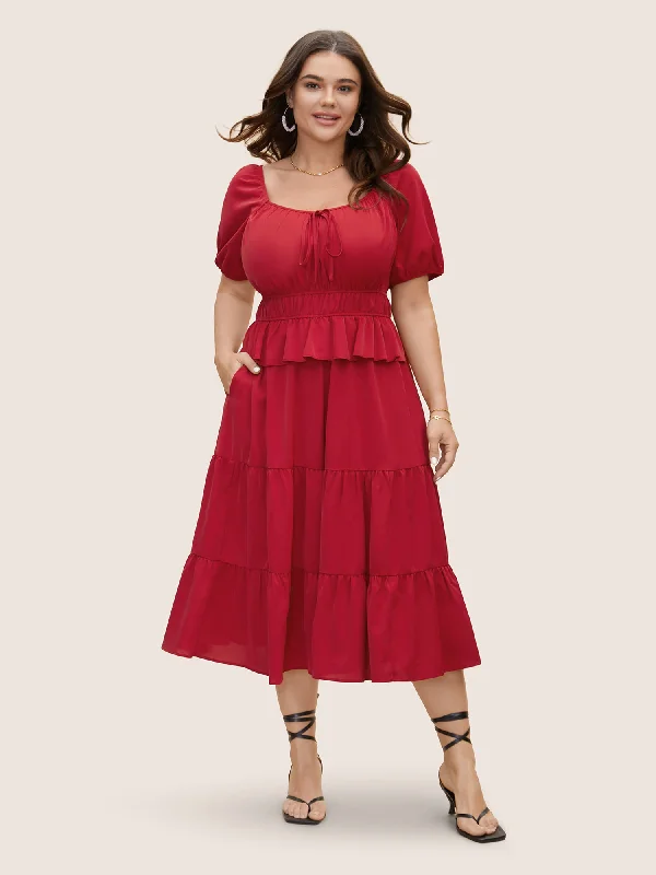 Heart Neckline Bowknot Ruffle Trim Midi Dress