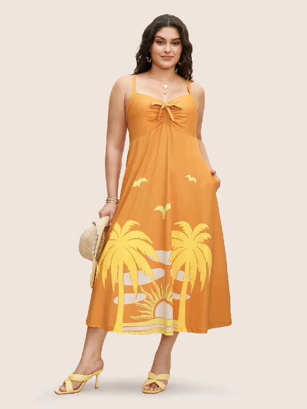 Heart Neckline Tropical Print Tie Knot Midi Dress