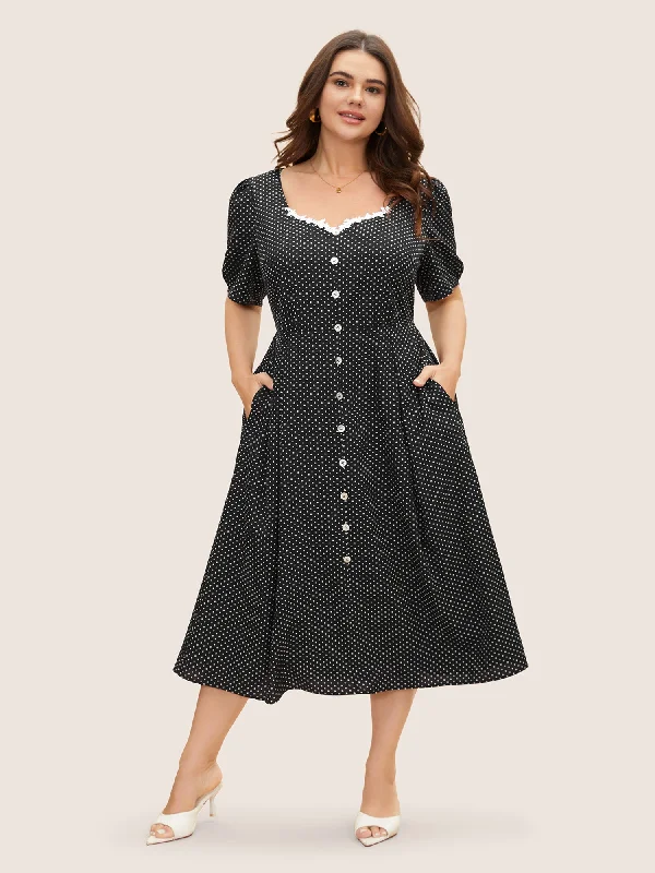 Lace Neckline Polka Dot Midi Dress