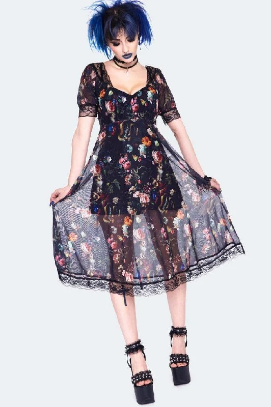 Night Garden Print Midi Dress With Lace